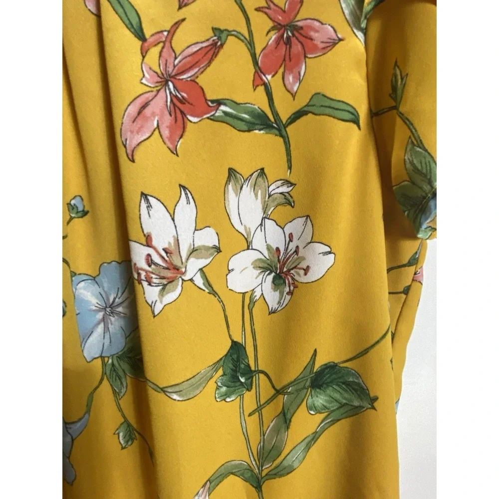 AUW Top Women Med Short Sleeve Yellow Floral Keyhole Button Business‎